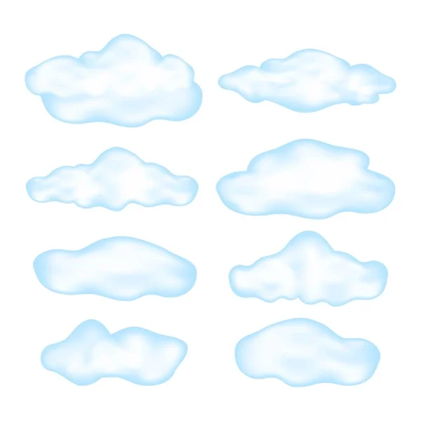 Zestaw Kreskówkowych Niebieskich Chmur Odizolowanych Białym Tle Różne Realistyczne Chmury — Wektor stockowy