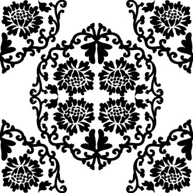 Barok tarzında çiçek deseni. Kusursuz eski moda duvar kâğıdı. Kumaş, seramik fayans ya da ambalaj kağıdı tasarımı için vektör deseni. Siyah ve beyaz.