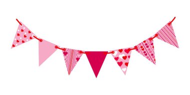 Boyalı bayraklarla süslü bir çelenk. İpte süsleri ve çizgileri olan üçgen bayraklı çelenkler. Çeşitli tatiller konsepti. Vektör illüstrasyonu.