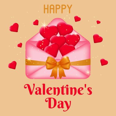 Üzerinde pembe bir zarf ve kalpler olan bir kartpostal. Poster, davetiye, broşür ya da afiş için sevgililer günü kartı. Sevgililer Günü 'nü ve aşkı kutlamak. Vektör illüstrasyonu.