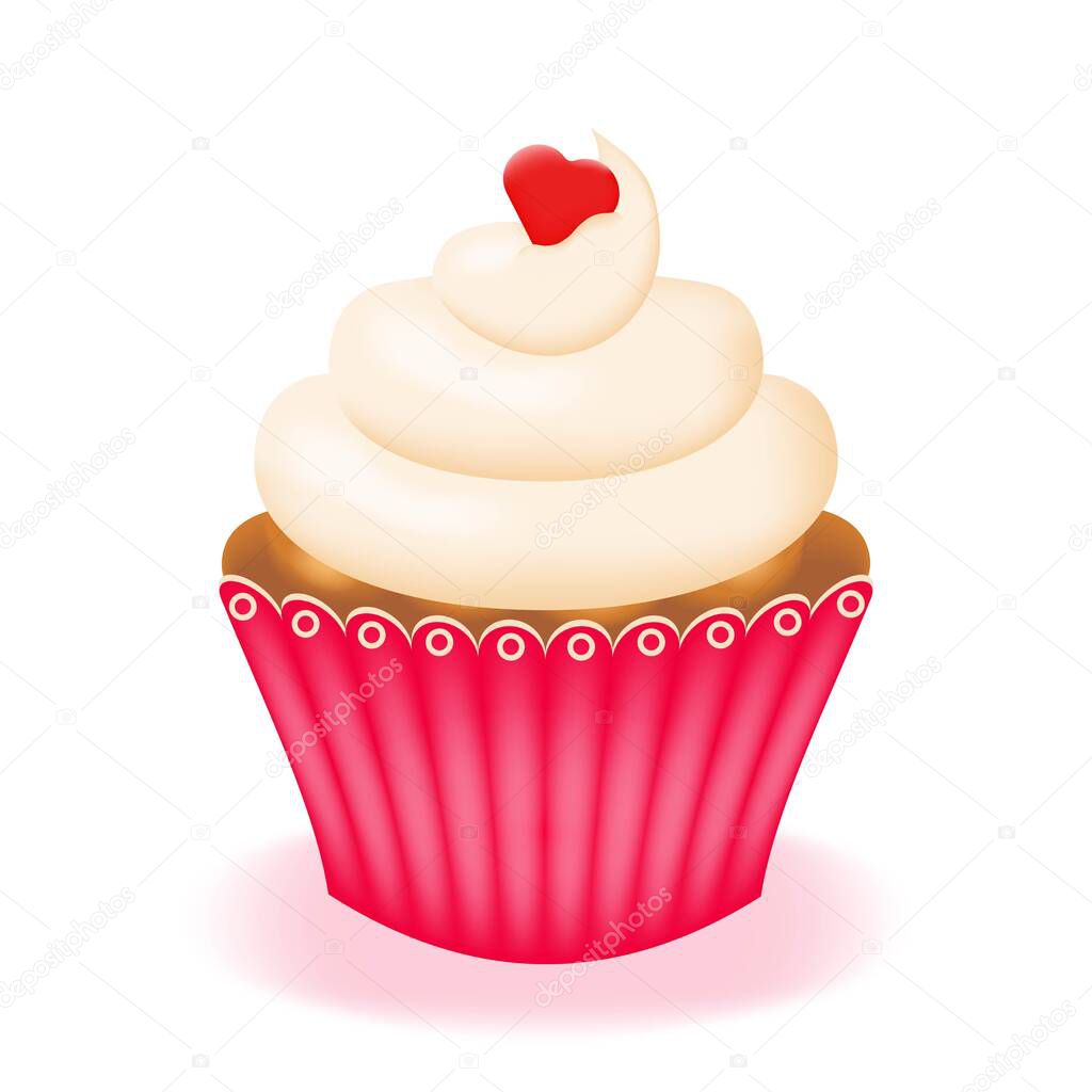 Cupcake, cake with cream in pink paper cup isolated on white background. Sweet pastry with whipped cream and chocolate. Vector illustration.