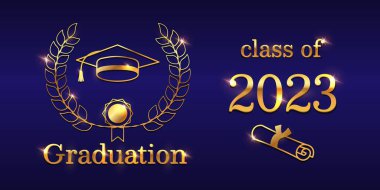 Golden graduation with a student cap, diploma scroll, and congratulatory text on a dark blue background. Perfect for celebrating academic achievements and graduation ceremonies. Vector illustration.