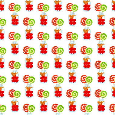 Seamless pattern with a transparent glass jar filled with sweet and colorful lollipop candies on sticks. For decorating walls, fabrics, and gift wrap. Vector illustration.