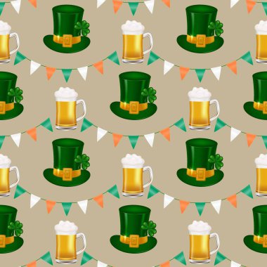 Celebrate St. Patrick's Day with this seamless pattern featuring a garland of Irish flag-inspired triangles, green leprechaun hat, full pint of beer. For decorating walls, fabrics, and gift wrap.