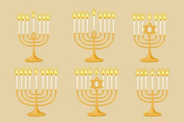 Yedi kişilik altın sarısı Hanukkiah menorah seti ve bej arka planda dokuz mum. Mumlu menorah. Tatil tasarımların için mükemmel. Vektör illüstrasyonu.