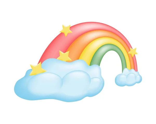 Cute Cartoon Rainbow Illustration Fluffy Clouds Stars White Background Magic — Stock Vector