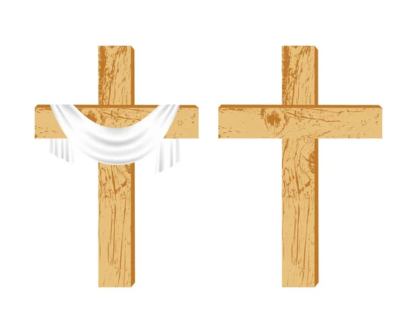 两个木制基督教十字架 一个简单的木制十字架 白色背景上有或没有裹尸布 宗教节日和主题的设计元素 矢量说明 — 图库矢量图片