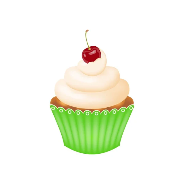 Торт Вишней Сверху Вкусный Кекс Взбитыми Сливками Вишней Упакованный Зеленый — стоковый вектор
