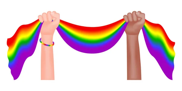Mãos Pessoas Com Pele Escura Clara Seguram Uma Bandeira Arco — Vetor de Stock