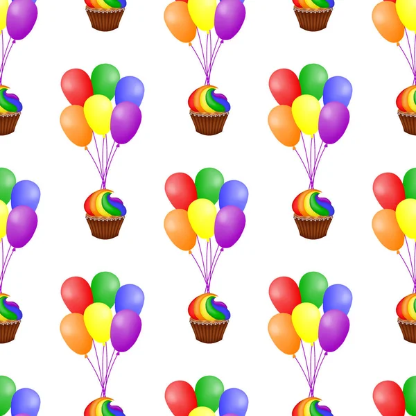 Modèle Sans Couture Avec Des Grappes Ballons Colorés Des Cupcakes — Image vectorielle