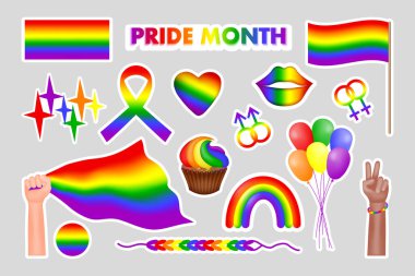 LGBTQ toplumunun simgelerinin vektör seti. Gurur ay simgeleri. Gökkuşağı, LGBT bayrağı olan insanların elleri, balonlar, gökkuşağı dudaklar, kalp. Vektör illüstrasyonu.