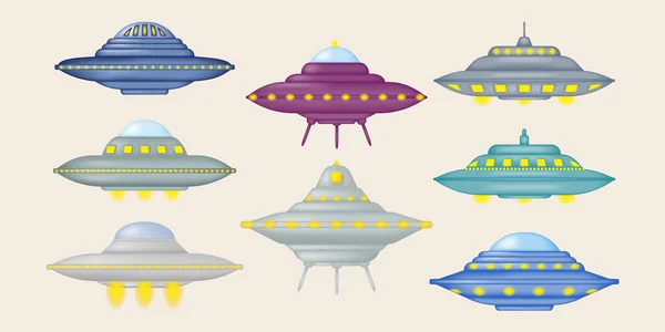 Set Fantastic Spaceships Ufo Alien Space Travel Vehicle Vector Illustration — Stock Vector