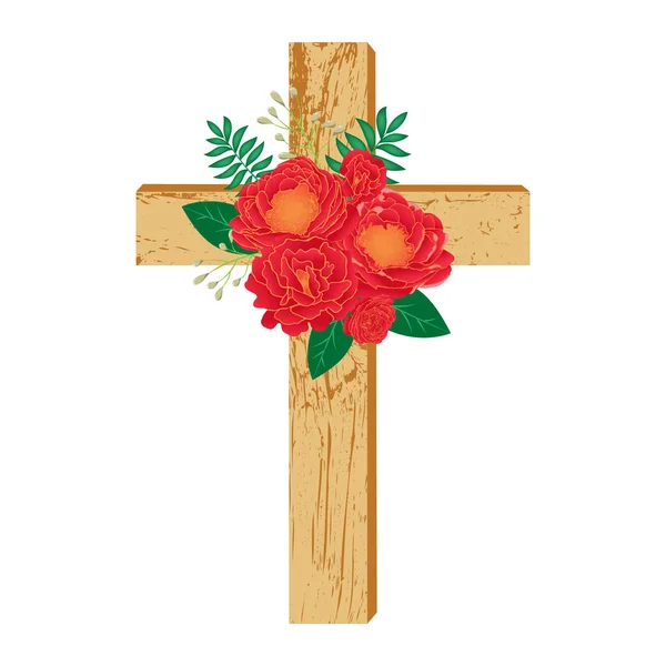 Stock vector Isolated Baptism cross. Floral wooden cross. Vector illustration.