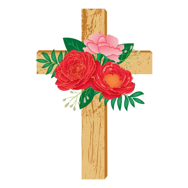 Крещение Крестом Красными Цветами Деревянный Крест Украшен Цветами Листьями Векторная — стоковый вектор