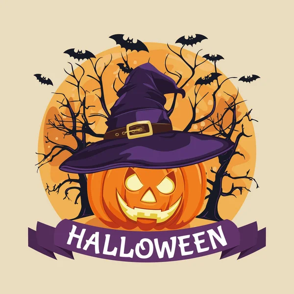 Zucca Halloween Con Cappello Zucca Lanterna Halloween Cappello Strega Sullo — Vettoriale Stock
