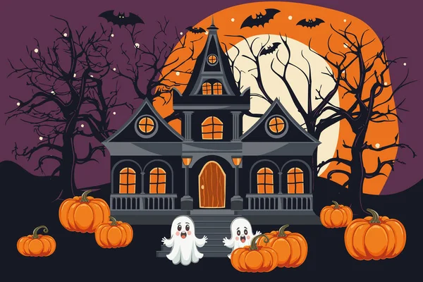 Темный Хэллоуин Фоне Кокетливого Дома Дерева Симпатичных Призраков Апельсина Летучей — стоковый вектор