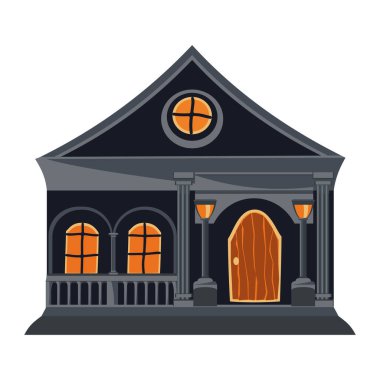 İzole cadılar bayramı evi. Gri ürkütücü köşk, gotik pencereler ve girişte fenerler. Düz stil perili ev. Vektör illüstrasyonu.
