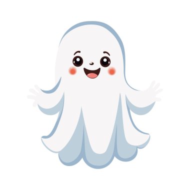 Beyaz kefen takan tatlı hayalet karakter, Cadılar Bayramı için mükemmel. Sevimli bebek ruhu düz stilde. Vektör illüstrasyonu.