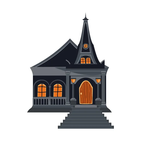 Kirke Med Spir Flat Stil Halloween Skremmende Mørkt Hus Tegneserie – stockvektor