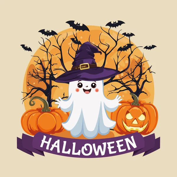 Cartolina Festiva Quadrata Halloween Simpatico Fantasma Con Cappello Strega Pipistrello — Vettoriale Stock