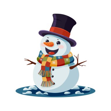 Snowman with hat and scarf. Cute cartoon character, christmas and new year snowman. For postcards, posters and invitations. Vector illustration. clipart