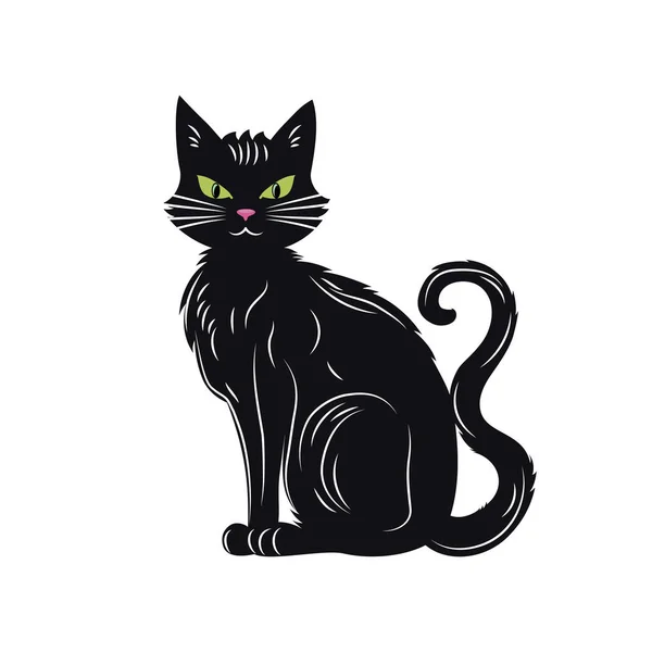 Seated Black Cat Green Eyes Cute Pet Isolated Black Cat — Stock Vector