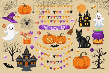 Cadılar Bayramı sembolleri. Jack O Lantern perili ev kara kedi cadı şapka yarasa şeker dolunay bayrağı balkabağı örümcek ağı süpürgesi süpürge çubuğu örümcek şekeri mısır. Vektör simgeleri ayarlandı.