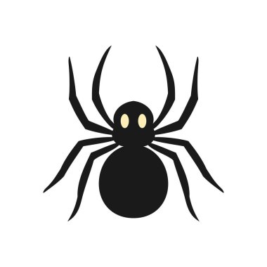 Beyaz arka planda sarı gözlü siyah bir örümcek. Örümcek silueti. Böcek düz tasarımı. Vektör izole illüstrasyonu. 