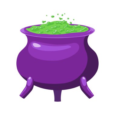 İçinde yeşil sıvı olan mor bir kazan. Cadılar Bayramı tasarım unsuru. İzole cadı esrar grafik şablonu. Vektör illüstrasyonu.