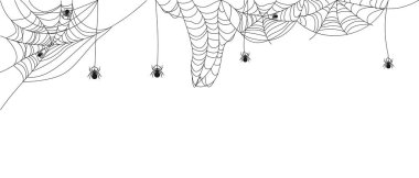 Örümcek ağı şablonu ve örümcekler Cadılar Bayramı afiş tasarımı için. Böcek tuzaklarının soyut dokusu. İzole grafik şablonu. Vektör illüstrasyonu.