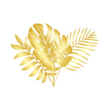 Süslü bir vektör altın orman yaprağı. Altın tropik palmiye yaprağı. Kozmetik ürünleri, parfümler, kartpostallar, düğün davetiyeleri, kapaklar, turizm, yama baskılar, ev dekorasyonu..