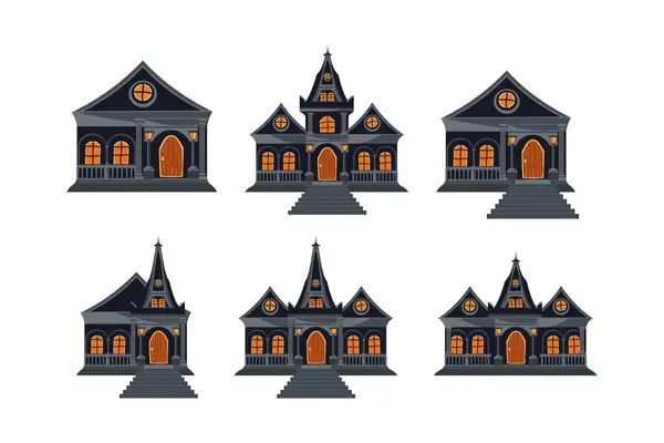 Набор Икон Замка Хэллоуина Коллекция Карикатурных Мрачных Домов Дорожкой Входа — стоковый вектор