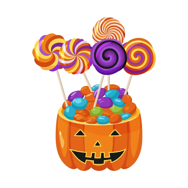 Cesta Halloween Llena Caramelos Dulces Estilo Dibujos Animados Regalo Tradicional — Vector de stock