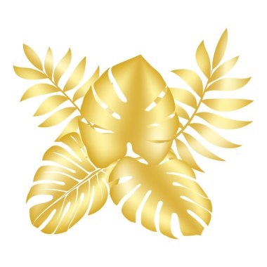 Şatafatlı, altın palmiye yaprakları. Altın tropikal yaprak. Kozmetik ürünleri, parfümler, kartpostallar, düğün davetiyeleri, kapaklar, turizm, yama baskılar, ev dekorasyonu..