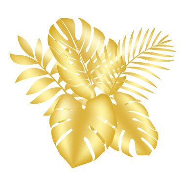 Altın palmiye yaprakları dekoratif bir element. Altın tropikal yaprak. Kozmetik ürünleri, parfümler, kartpostallar, düğün davetiyeleri, kapaklar, turizm, yama baskılar, ev dekorasyonu..