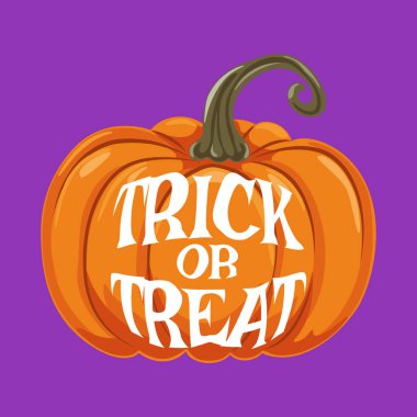 Mor arka planda Cadılar Bayramı balkabağı. Beyaz şeker ya da şaka harfli turuncu balkabağı. Vektör illüstrasyonu.