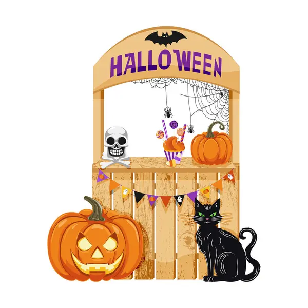 Puesto Fiesta Halloween Cabina Madera Con Calabaza Gato Negro Golosinas — Vector de stock