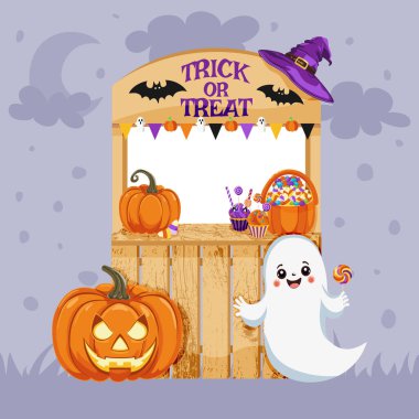 Cadılar Bayramı desenli arka plan. Cadılar Bayramı. Şirin hayaletli ahşap kabin, şekerler, kekler, şekerler, balkabağı, cadı şapkası. Vektör illüstrasyonu.