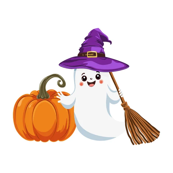 Halloween Pumpkin Cute Ghost Purple Witch Hat Broom His Hand — Stock Vector