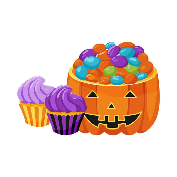 Doces Tradicionais Halloween Tigela Abóbora Laranja Com Doces Cupcakes Roxos — Vetor de Stock