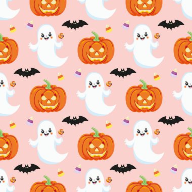 Cadılar Bayramı öğeleriyle kusursuz bir düzen. Hayalet, balkabağı, şeker, pembe sopalı çocuksu bir geçmişi var. Duvar kağıdı, hediye kağıdı, kumaş, bayram süsü, tebrik kartları. Vektör illüstrasyonu.