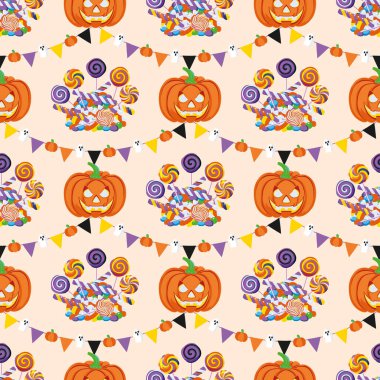 Cadılar Bayramı sembolleriyle kusursuz desen. Balkabağı, balkabağı fener, şeker, şeker, bayrak ve hayaletle süslenmiş çelenk. Duvar kâğıdı, hediye kağıdı, kumaş, bayram dekorasyonu, tebrik kartları için..