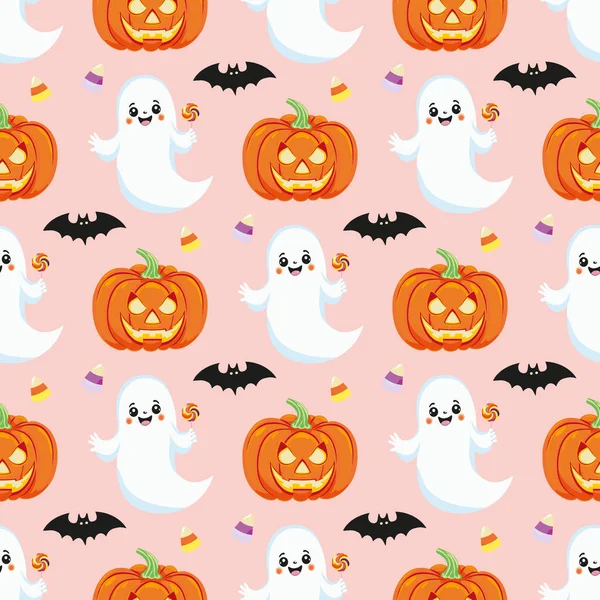 Sömlöst Mönster Med Halloweenelement Barnslig Bakgrund Med Spöke Pumpa Godis — Stock vektor