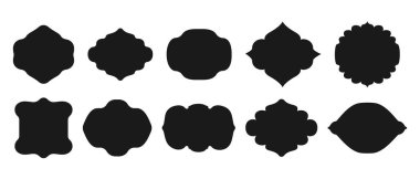  Retro etiket ve çerçeve, tasarım metin kutusu. Metin için form kümesi. Rozetin boş retro şekli, indirim etiketi, amblem, fiyat etiketi. Farklı vektör simgelerinin koleksiyonu.