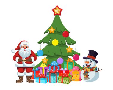 Neşeli Noel Baba, Noel ağacının yanında kardan adam süslenmiş top ve hediye kutusuyla yıldız. İzole edilmiş Noel ve Yeni Yıl karakteri ve sembolü. Vektör illüstrasyonu.