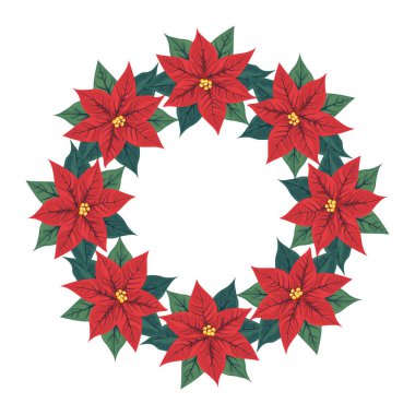 Dekoratif Noel veya yeşil yapraklı kırmızı çiçek desenli yeni yıl çelengi. Tebrik kartı tasarımı, davetiye, tatil geçmişi için ayrı bir çiçek dekoru. Vektör illüstrasyonu.