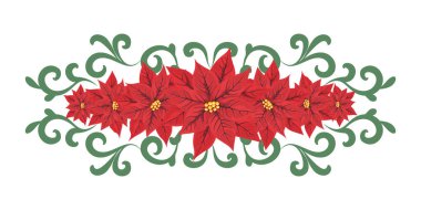 Çiçekli, yatay bir Noel ya da kıvrımlı bir yeni yıl dekoru. Kırmızı çiçeklerin dekoratif sınırı. Tebrik kartı tasarımı, davetiye, tatil geçmişi. Vektör illüstrasyonu.