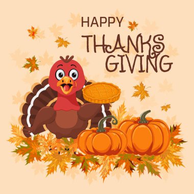 Happy thanksgiving poster design. Traditional holiday symbols. Turkey, pumpkin, autumn maple leaf, pumpkin pie. National holiday of the USA. Background for harvest celebration decoration. clipart