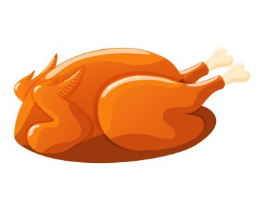 Şükran Günü ya da hasat festivali için kızarmış hindi kuşu. Fırında kızarmış tavuk. İzole tatil kümes hayvanları. Kızarmış beyaz et tavuğu. Vektör illüstrasyonu.