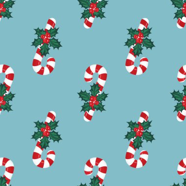 Kırmızı kutsal meyveler, mavi arka planda Noel çizgili şekerler. Kusursuz bir Noel deseni. Vektör illüstrasyonu.